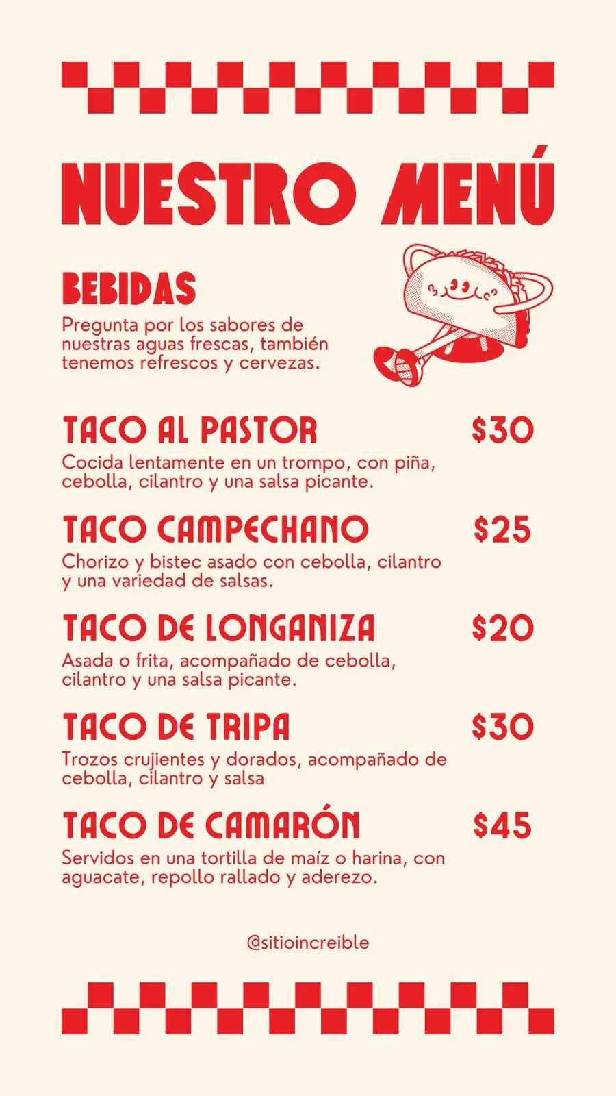 Menú de tacos en formato vertical, entregado por Studio Reset